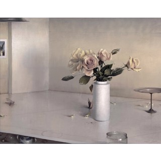 Daniel Sprick - "White on White" 2025, Oil on Panel Daniel Sprick White on White oil on panel still life with roses and glass dish in minimalist interior