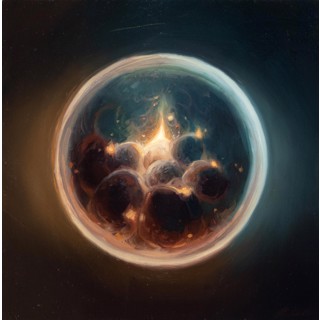 "Embryo I:" Mesmerizing Oil Painting on Panel by Robin Cole (2023) | Original Abstract Art A framed oil painting featuring a glowing, celestial sphere resembling an embryo against a dark background by Robin Cole.