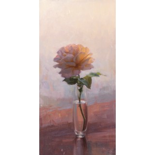 "Everblooming" - Delicate Rose in Glass Vase - Oil Painting by Robin Cole Oil painting of a single rose in a glass vase against a soft, ethereal background, titled "Everblooming" by Robin Cole.