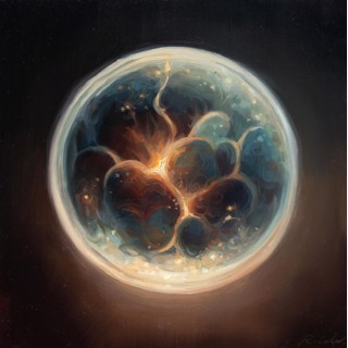 "Embryo III" - Luminous Embryo with Glowing Filaments Oil Painting by Robin Cole | Abstract Figurative Art Oil painting of a luminous embryo with glowing filaments against a dark background, framed in a vintage dark frame, by Robin Cole.