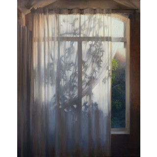 "Beginnings" - Ethereal Oil Painting of Interior with Curtains by Robin Cole Oil painting "Beginnings" by Robin Cole depicting an interior view through sheer curtains, with trees and foliage visible outside.