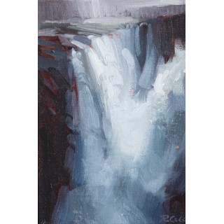 "Study I (Surrender)" - Framed Waterfall Landscape Oil Painting by Robin Cole | Nature-Inspired Art Oil painting of a majestic waterfall cascading over rugged cliffs, rendered in shades of white, gray, and brown, framed in black.