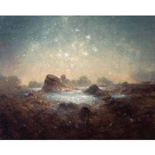 "Landing Place" - Serene Seascape Oil Painting by Robin Cole "Landing Place" by Robin Cole, a 2023 oil on mounted linen painting, measures 18 x 22.50 inches and features a tranquil nocturnal seascape under a star-studded sky, encased in a classic frame with dimensions of 24 x 28.50 inches.