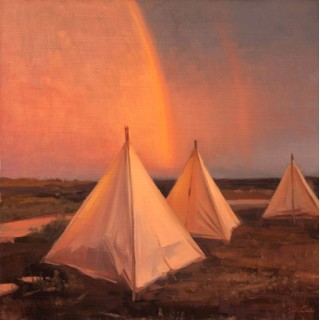 "A New Light II" - Desert Dusk Scene by Robin Cole "A New Light II" by Robin Cole, an oil on linen painting measuring 12 x 12 inches, portrays a tranquil desert scene with three glowing tents under a radiant sunset sky, framed size at 20 x 20 inches.