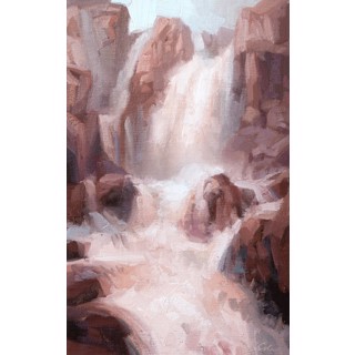 "Study IV (Surrender)" - Cascading Waterfall Oil Painting by Robin Cole | Abstract Landscape Art Oil painting of a cascading waterfall in warm, earthy tones, framed in a vintage gold frame, by Robin Cole.