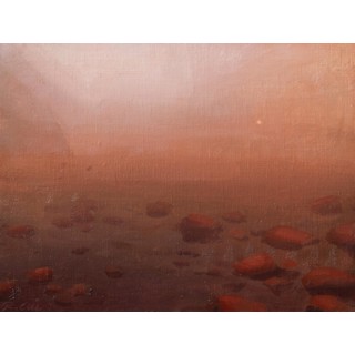 "Study (Terra Incognita)" - Desert Landscape Oil Painting by Robin Cole | Hazy Reddish-Brown Atmosphere Atmospheric oil painting "Study (Terra Incognita)" by Robin Cole, depicting a hazy, reddish-brown desert landscape with a dark frame.