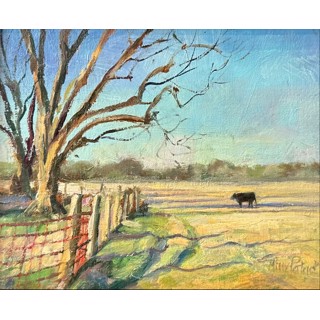 acrylic painting on an 8x10 canvas board of a tree in a field with a fence
