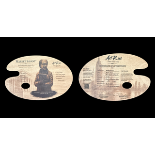 Matthew Snider MARKET SAVANT™ Original Art Palette 01/100: Front and reverse of a wooden Market Savant artist’s palette with portrait imagery, edition information, and signatures.