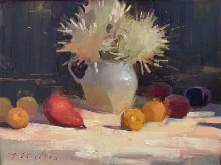 Spider Mums and Red Pear