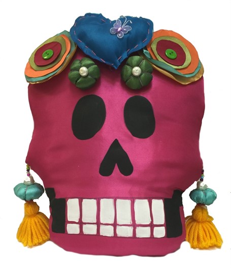 Pillow - Calavera Medio - Hand-painted fabric and sewn - Pink with Blue Heart