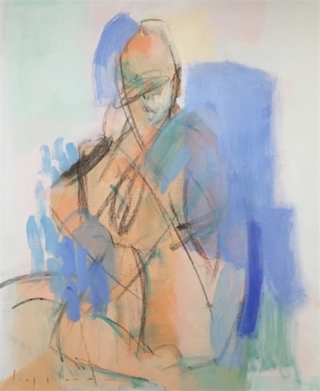 sitting, orange and blue