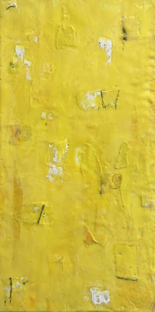 Amalia Tagaris | Yellow Dress | Encaustic, Oil, Mulberry Paper, and Photo Transfer Bits | 24" X 12" | $725