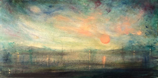 John LeCours | Maine Harbor Twilight #27 | Oil on Canvas | 10" X 20" | $750