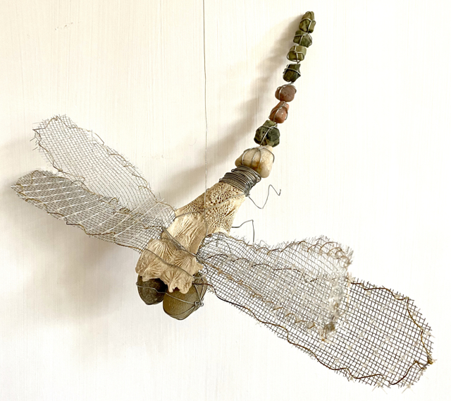 Julia M. Doughty | Damsel - Choice Show 2020 | Bone, Stone, Metal Mesh and Screening, Brass Thread, and Wire | 8.5" X 11" | Sold