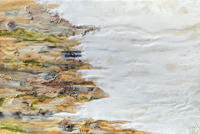 Kathy Ostrander Roberts | Where the Marsh Meets the Shore | Encaustic and Mixed Media on Birch Panel | 20" X 30" | $2,500