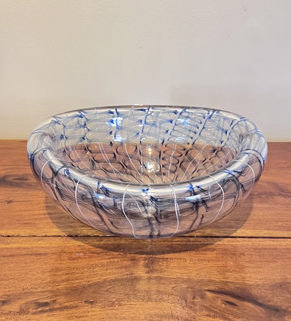 White and Blue Large Twisty Cane Eclipse Bowl