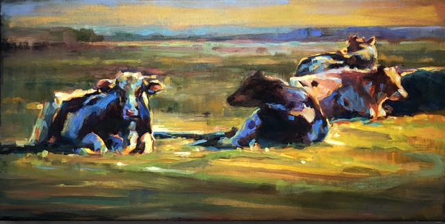 Karen Bruson | Four and A Half Cows | Oil on Canvas | 12" X 24" | $595