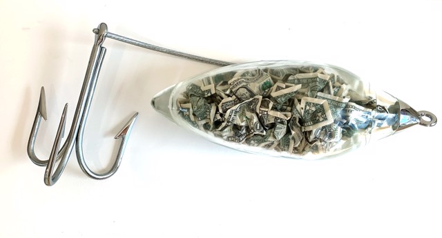 Richard Remsen | Tempting Lure | Blown Glass, Cast Bronze Chrome Plated Fittings, Chrome Plated Attachments, US Currency | 6.5" X 25" | $6,500.00