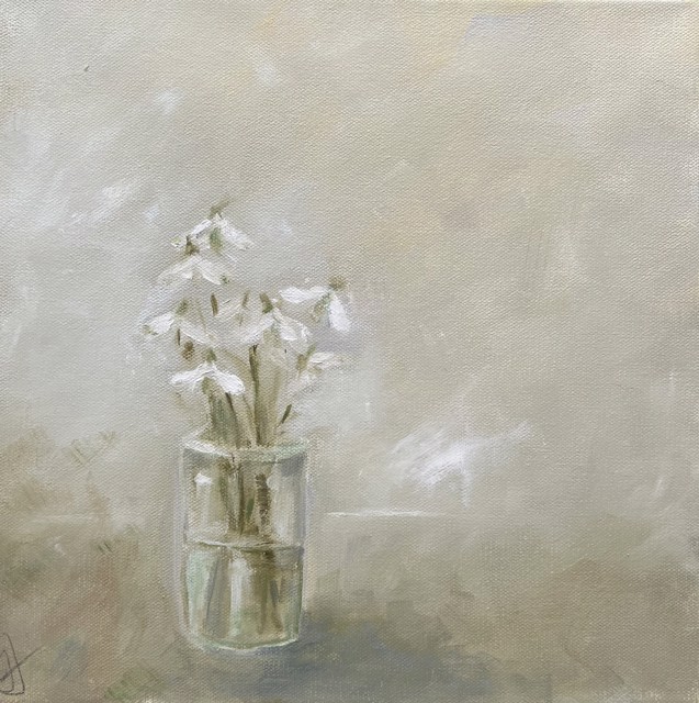 Ingunn Milla Joergensen | Snow Drops in Jar | Oil on Canvas | 12" X 12" | $1,000