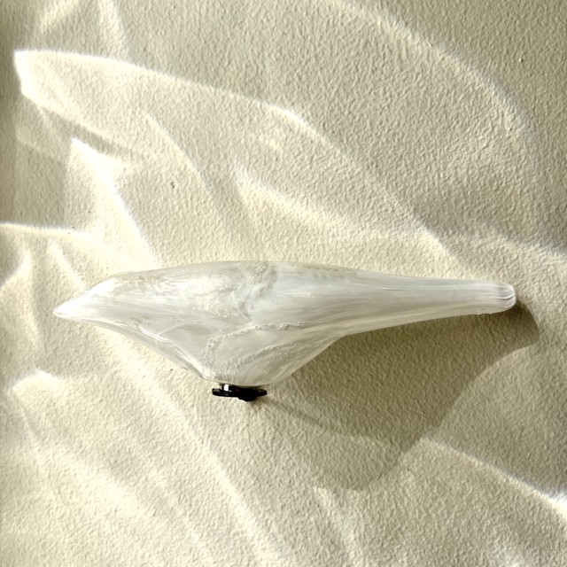 David Jacobson | White & Silver Bird | Hot Formed Glass Bird with Silver Leaf, Metal Wall-Mounted Stand with Magnet | 2" X 8" | $325