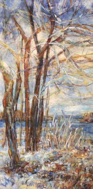 Susan Wahlrab | First Snow | Varnished Watercolor on Archival Claybord | 12" X 6" | $875