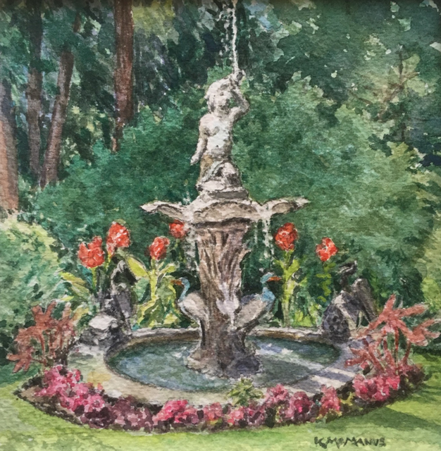 Karen McManus | Garden Fountain | Watercolor on Canvas | 4" X 4" | $350