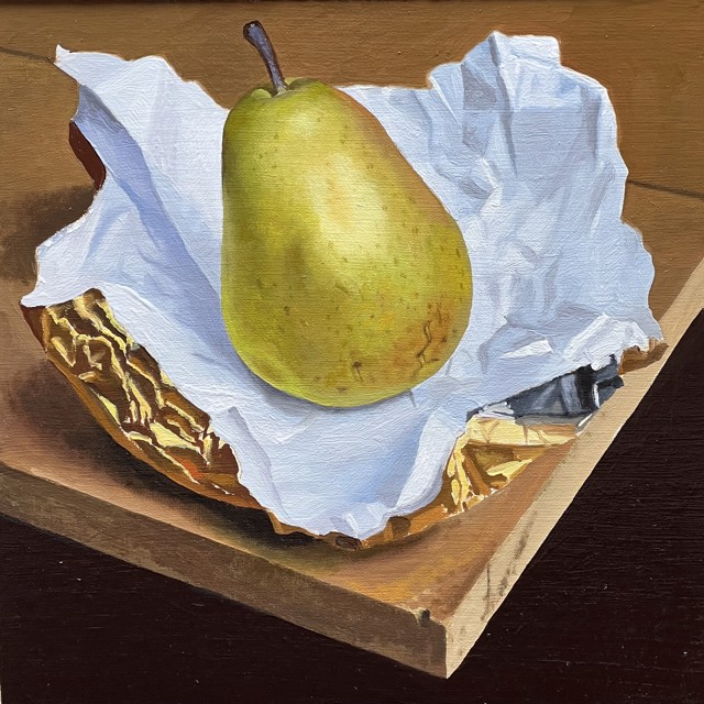 William B. Hoyt | Golden Pear, Unwrapped | Oil on Canvas on Panel | 9" X 9" | $2,400
