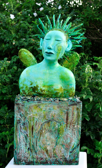Elizabeth Ostrander | Green Fairy Magic | Acrylic & Mixed Media on Ceramic & Wooden Box | 29" X 13" | Sold