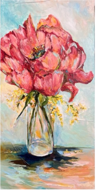 Kristin Neufarth Cheney | Sweet Surprise, Snug Harbor Peonies in Vase | Acrylic and Plaster on Canvas | 20" X 10" | $580
