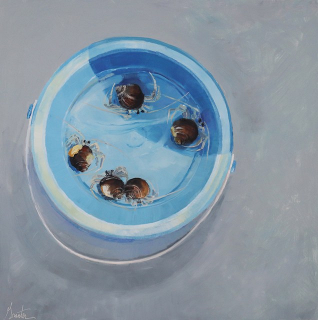 Ellen Welch Granter | Blue Pail with Five Hermits | Oil on Panel | 20" X 20" | $2,200