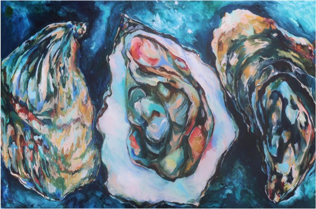 Kristin Neufarth Cheney | Tre Oysters | Acrylic and Plaster on Canvas | 24" X 36" | $1,900