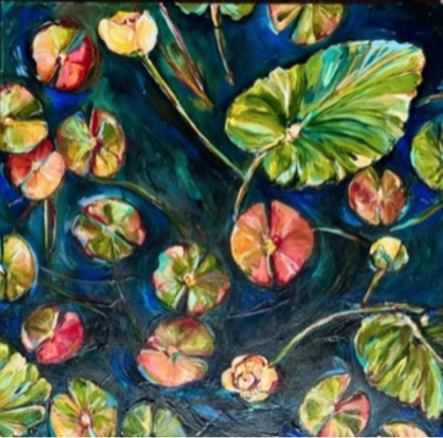 Kristin Neufarth Cheney | Beaver Pond Lillies II | Acrylic and Plaster on Canvas | 24" X 24" | $1,200