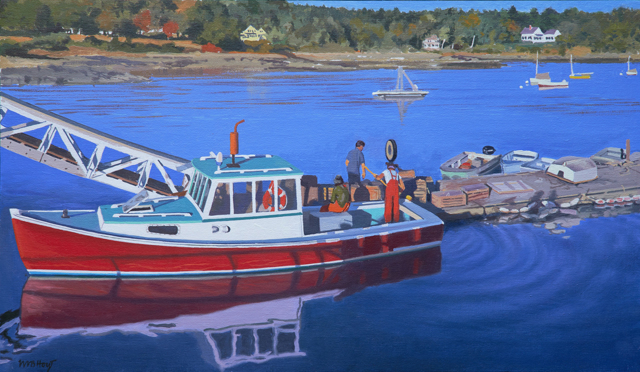 William B. Hoyt | Red Lobsterboat Unloading | Oil on Panel | 14" X 24" | $4,000