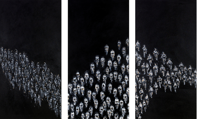 Heather Blanton | Triathlon Dark Side - Triptych | Acrylic and Pencil on Canvas | 35" X 54" | $5,995