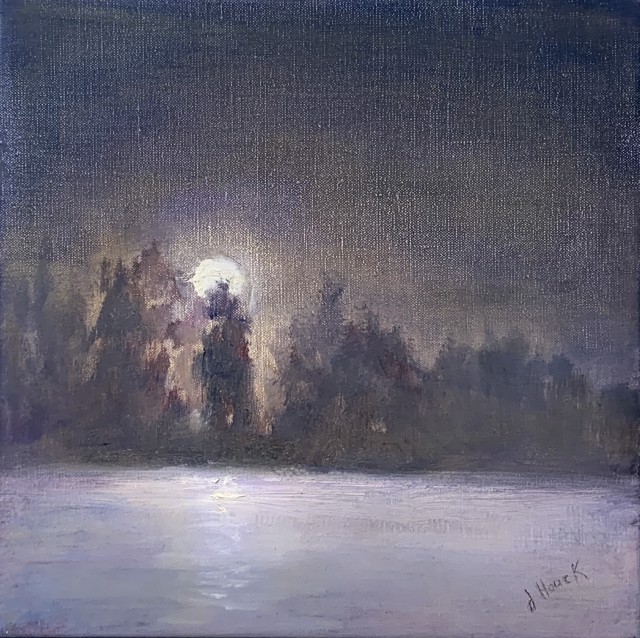 Julie Houck | Winter Moonrise | Oil on Linen | 12" X 12" | Sold