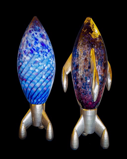 Richard Remsen | Amethyst Rocket | Blown Glass with Clear Marbles and 3-D Printed Patterns, Cast Bronze, Mounted | 16" X 6.25" | $3,400.00