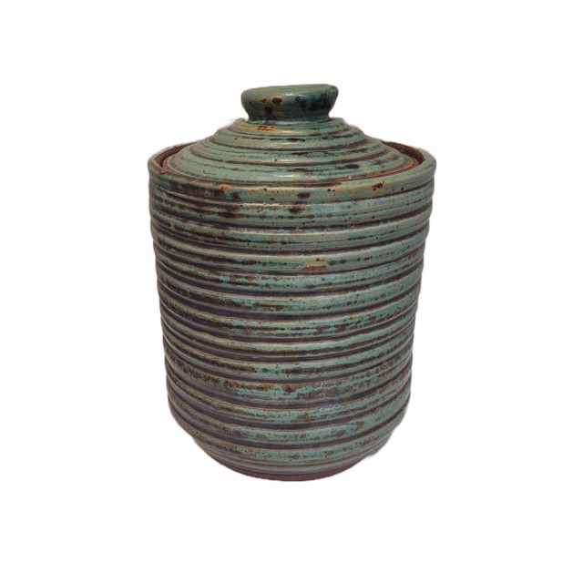 Matte Green Ribbed Vessel with Cover