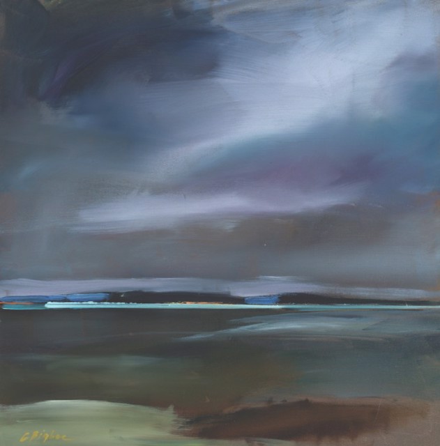 Claire Bigbee | Purple Sunset by Casco Bay | Acrylic & Oil Stick | 24" X 24" | $2,400.00