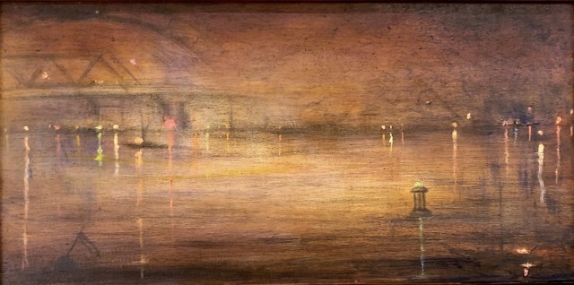 John LeCours | Maine Harbour at Twilight - Arrangement in Gold and Brown | Oil on Canvas | 10" X 20" | Sold