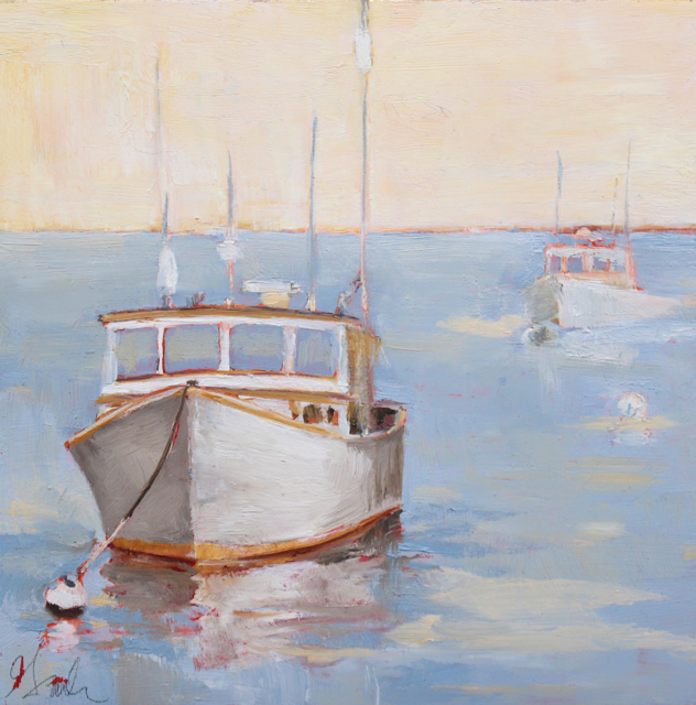 Ellen Welch Granter | Lobster Boat | Oil on Cradled Panel with Metal Leaf | 8" X 8" | Sold