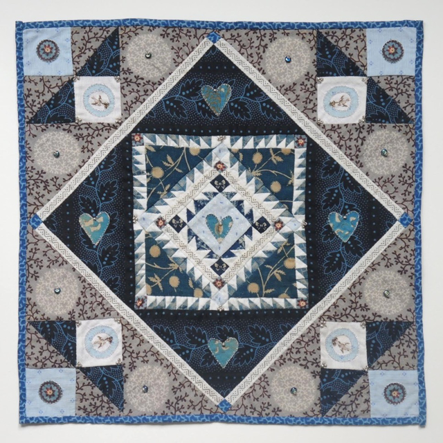Kate Adams | True Blue II - There are no words… | 19th century cotton cloth, metallic thread and glass beads | 10" X 10" | $2,500