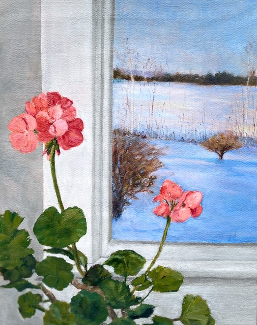 Karen McManus | Hot Pink and Winter Blues | Oil on Canvas | 14" X 11" | Sold