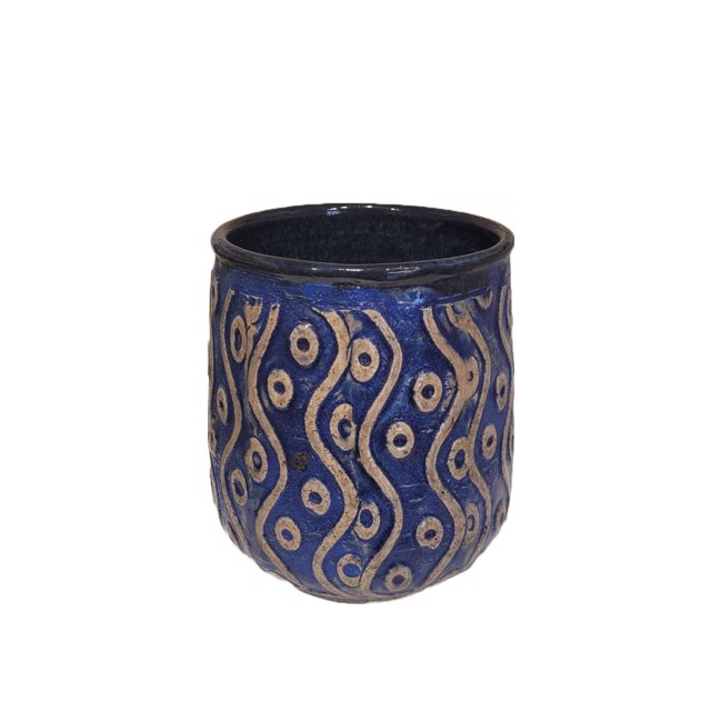 Richard Winslow | Blue Pot with Design | Ceramic | 7" X 6.5" | $80