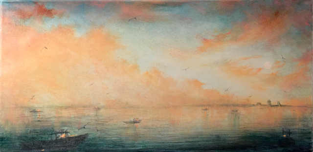 John LeCours | Goat Island Lighthouse at Dusk #4 | Oil on Canvas | 10" X 20" | Sold