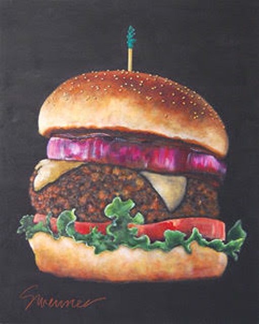Robin Swennes | Cheeseburger in Paradise | Acrylic on Wood | 30" X 24" | Sold