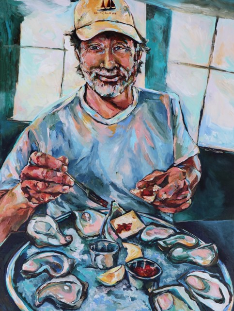 Kristin Neufarth Cheney | A Captain and His Oysters | Acrylic and Plaster on Panel | 24" X 18" | Sold