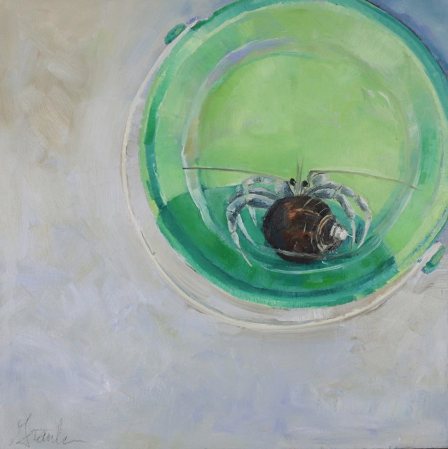 Ellen Welch Granter | Green Pail with Hermit Crab | Oil on Panel | 12" X 12" | Sold