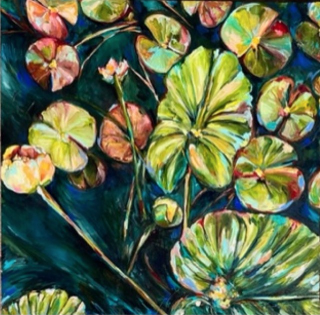 Kristin Neufarth Cheney | Beaver Pond Lillies I | Acrylic and Plaster on Canvas | 24" X 24" | $1,200