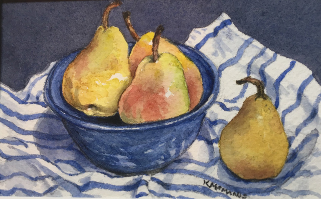 Karen McManus | Pears in a Blue Bowl | Watercolor on Canvas | 2.5" X 4" | Sold