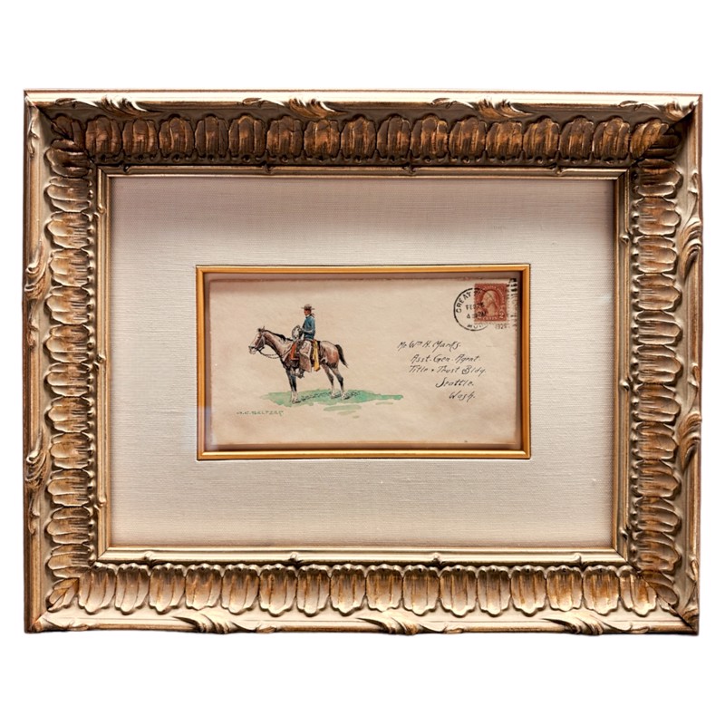 Illustrated postcard in an ornate gold frame